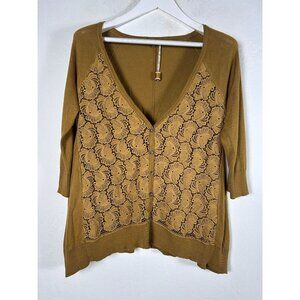 Anthropologie Knitted & Knotted Womens Mustard Button Up Lace Cardigan Sweater L